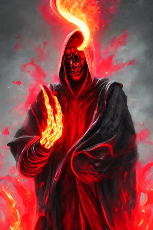 Prompt: A full body portrait of a mysterious character with a flaming skull with a very long hooded blood red and black cloak, tentacles coming out the ground art by Jason Chan and Maciej Kuciara, ominous, cosmic horror, trending on artstation, Ultra detailed, hyper realistic 4k