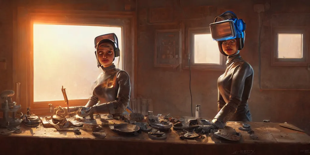 Prompt: highly detailed portrait painting of welder girl perfect symmetrical face, room mono window, table mess, by eddie mendoza and tyler edlin, 8 k resolution