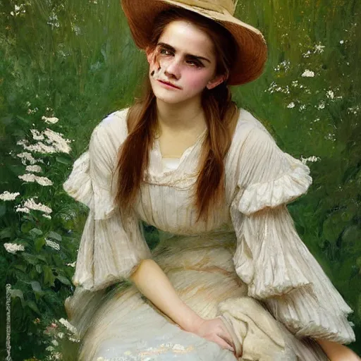 Prompt: happy very thick paint brush strokes paint texture full body fashion model emma watson by Jeremy Lipking by Hasui Kawase by Richard Schmid (((smokey eyes makeup eye shadow fantasy, glow, shimmer as victorian woman in a long white frilly lace dress and a large white hat having tea in a sunroom filled with flowers, roses and lush fern flowers ,intricate, night, highly detailed, dramatic lighting))) , high quality