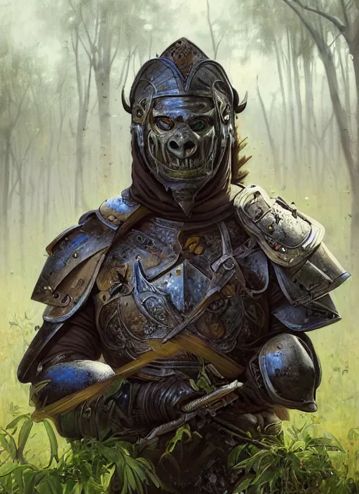 Image similar to a portrait painting of a grim male orc wearing plate armor on a beautiful lush forest meadow, morning, art by Tristan Eaton, Stanley Artgerm, Tom Bagshaw, Greg Rutkowski, Carne Griffiths