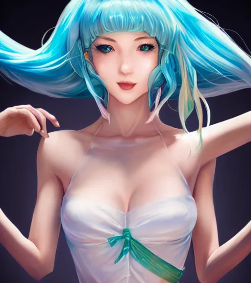 Prompt: Beautiful Hatsune miku by artgerm, rossdraws, magali villeneuve, Gil Elvgren, Earl Moran, Enoch Bolles, curly hair