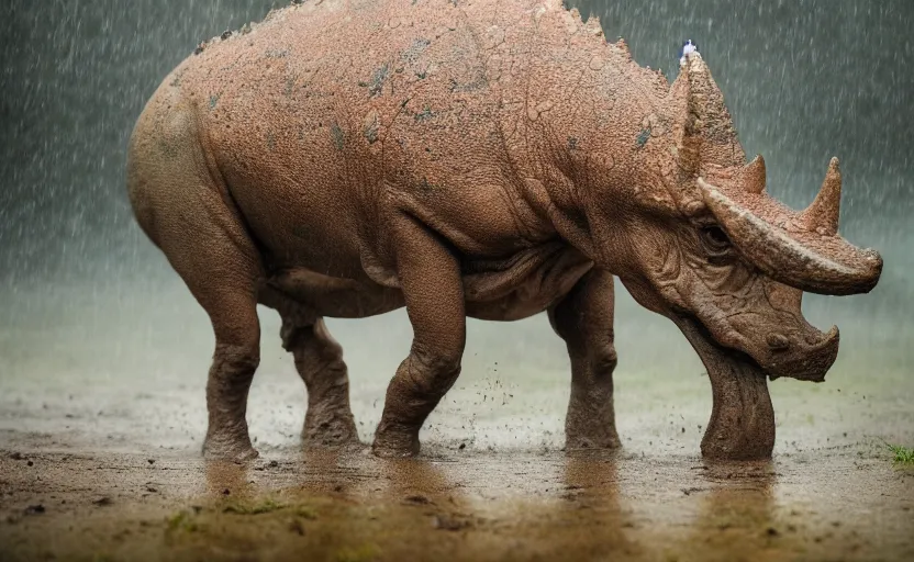 Image similar to nature photography of a rain soaked triceratops and her baby, african savannah, rainfall, muddy embankment, fog, digital photograph, award winning, 5 0 mm, telephoto lens, national geographic, muscular legs, large eyes