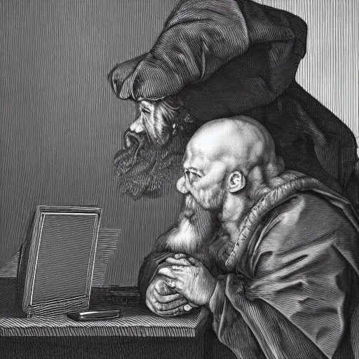 Image similar to angry scottish man at computer, detailed, ray tracing, 4 k, by albrecht durer