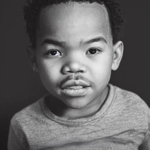 Image similar to the face of young chance the rapper at 1 years old, black and white portrait by julia cameron, chiaroscuro lighting, shallow depth of field, 8 0 mm, f 1. 8