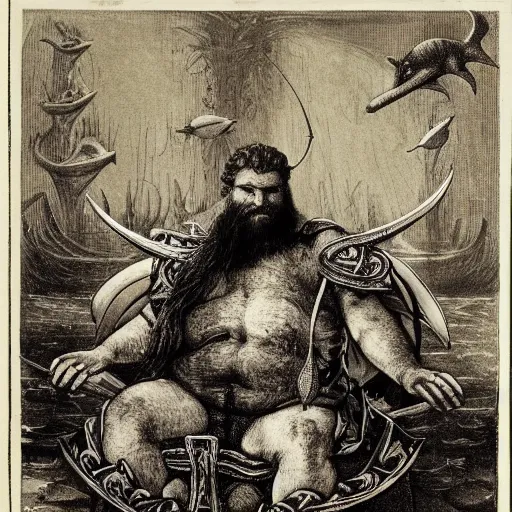 Image similar to The illustration shows a mythological scene. A large, bearded man is shown seated on a throne, surrounded by sea creatures. He has a trident in one hand and a shield in the other. Behind him is a large fish, and in front of him are two smaller creatures. rococopunk by William Wegman, by John Atkinson Grimshaw angular, kaleidoscopic