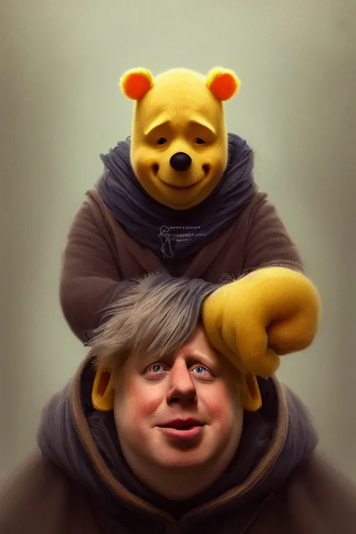 Prompt: Boris Johnson as a Winnie the Pooh, Boris Johnson hairstyle, realistic portrait, symmetrical, highly detailed, digital painting, artstation, concept art, smooth, sharp focus, illustration, cinematic lighting, art by artgerm and greg rutkowski and alphonse mucha