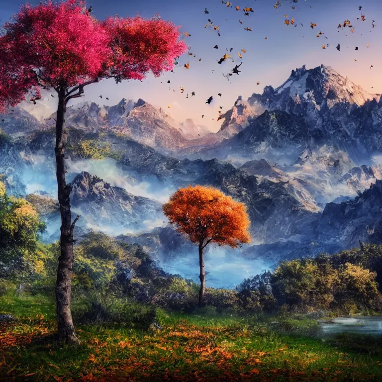 Image similar to a beautiful awesome artistic tree with falling flowers like leaves and many birds, all in the amazing outdoors view, mountain in the background, lake, long exposure, 8 k resolution, trending on artstation