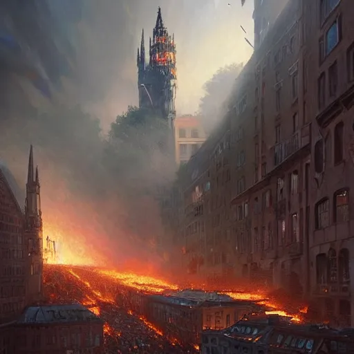 Image similar to city of munich destroyed by a meteor!!!, rubble!!, fires!!, jewish bankers running away in panic!!!, hyperrealistic, highly detailed, cinematic, foggy light from fires, beautiful, cgssociety, artstation, 8 k, oil painting by greg rutkowski, by artgerm, by wlop