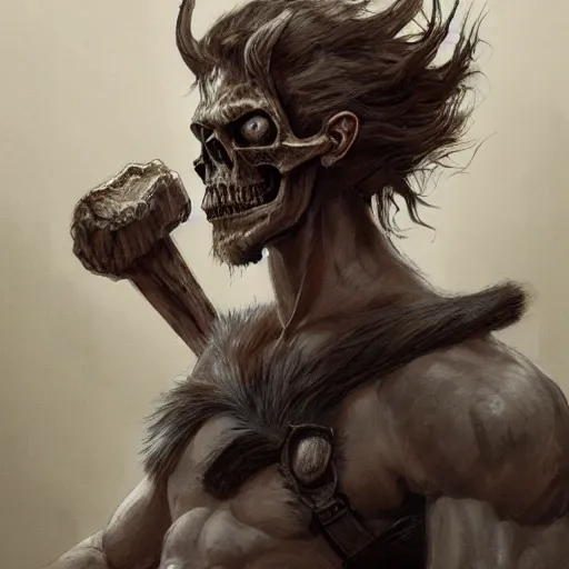 Prompt: Strong, fuzzy-haired man with a horse-like bone-skull mask with his arms held out. Detailed digital art, portrait, D&D, fantasy, highly detailed, digital painting, artstation, concept art, sharp focus, illustration, art by artgerm and greg rutkowski and alphonse mucha