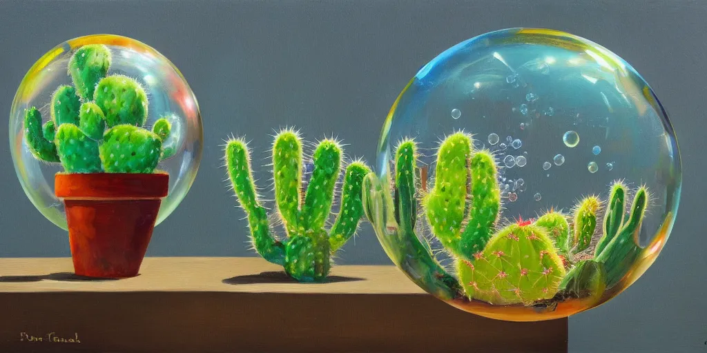 Image similar to soap bubble with a cactus inside it, oil painting