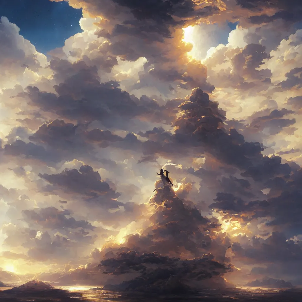 Prompt: a sending down [ of the revelation ] from him who created the earth and the lofty heavens, overdetailed art, by greg rutkowski, by rhads, sharp focus, man standing