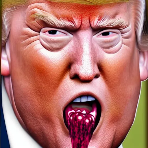Image similar to Hyperrealistic portrait of sweaty Donald Trump with mouth wide open and spittle spraying, very detailed, 8k, portrait, oil painting