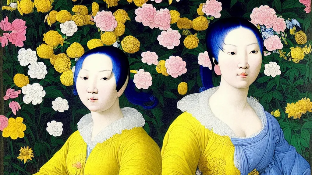 Prompt: portrait of an Asian woman with white and neon blue hair, wearing a yellow t-shirt, standing in a garden full of flowers, intricate details, high detail, in a renaissance style, super-flat, in the style of Jean Auguste Dominique Ingres, James Jean, punk