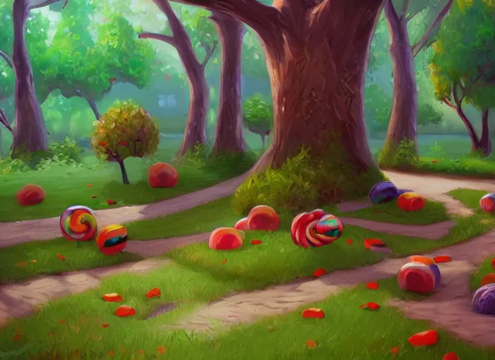 Prompt: game assets of trees for candy kids game, trees candy themed, oil painting by jama jurabaev, extremely detailed, brush hard, artstation, for aaa game, high quality, brush stroke