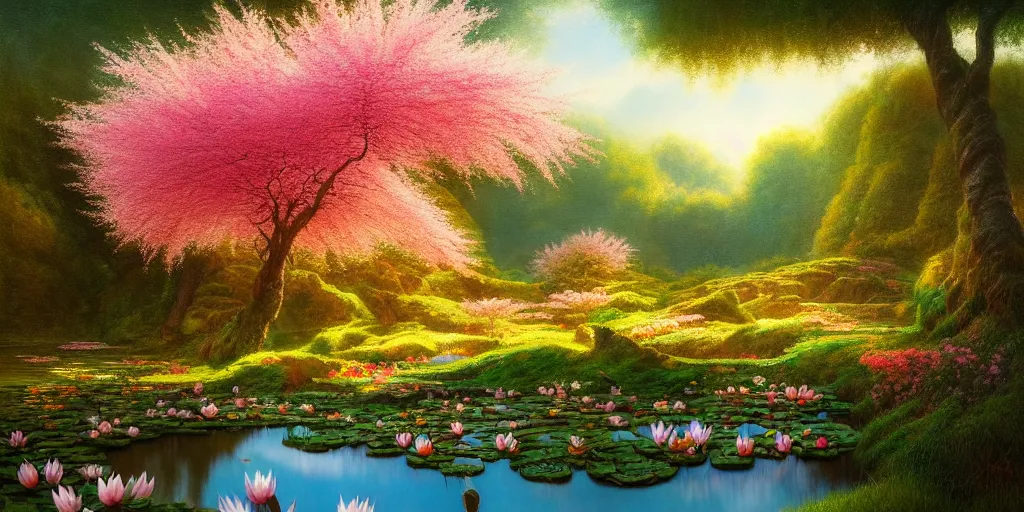 Image similar to a real photographic landscape painting with incomparable reality, wide angle, in forest, flowers, peach tree in full bloom, waterlily pond, bright style, harry potter, clearing,, john howe, magnificent, artstation