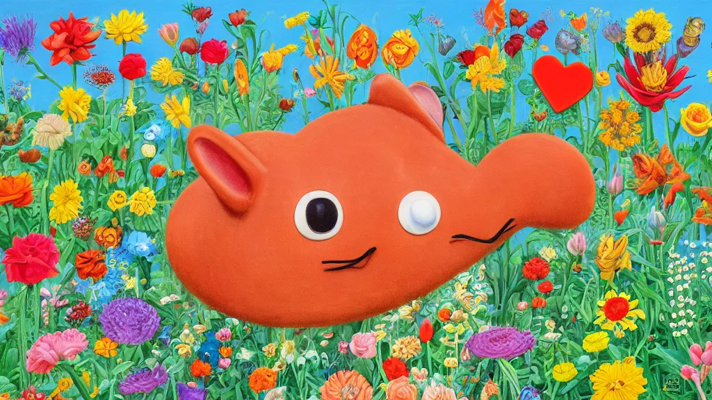 Image similar to highly detailed richard scarry oil painting of a heart surrounded by all the known species of flowers