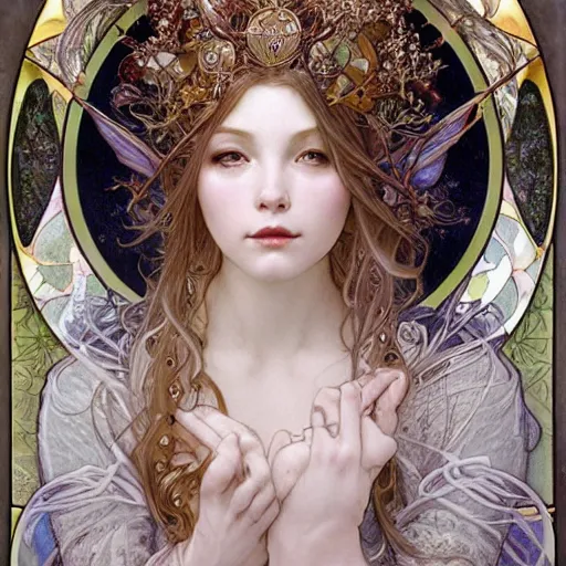 Prompt: realistic detailed face portrait of an otherworldly fairy tale Snow Dragon Queen with glistening scales for skin by Alphonse Mucha, Ayami Kojima, Amano, Charlie Bowater, Karol Bak, Greg Hildebrandt, Jean Delville, and Mark Brooks, Art Nouveau, Neo-Gothic, gothic, rich deep moody colors