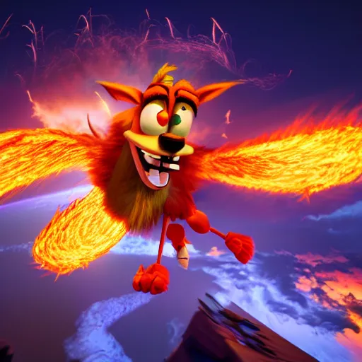 Image similar to crash bandicoot riding pegasus flying through a ring of fire, photo realistic, dramatic cinematic lighting, octane render, 4k, ultra detailed,