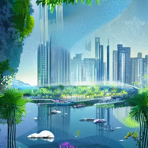 Prompt: beautiful happy picturesque charming futuristic sci - fi city in harmony with nature. water and plants. beautiful light. grainy and rough. soft colour scheme. beautiful artistic vector graphic design by lurid. ( 2 0 2 2 )