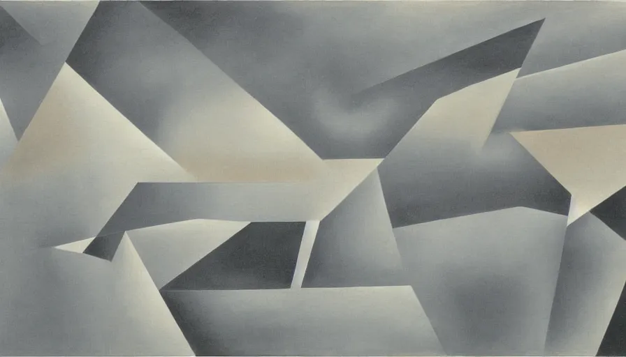 Image similar to Surrealist painting by Kay Sage depicting a landscape of flat, abstract geometric structures, overcast lighting