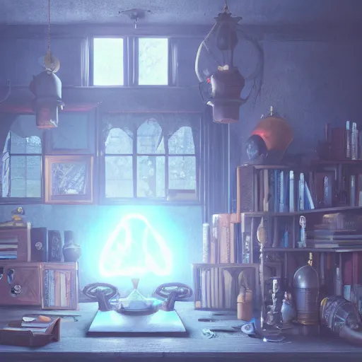 Image similar to a magical alchemists workshop full of strange equipment and books, highly detailed, diffused lighting, blender render, trending on artstation, 4 k, 8 k