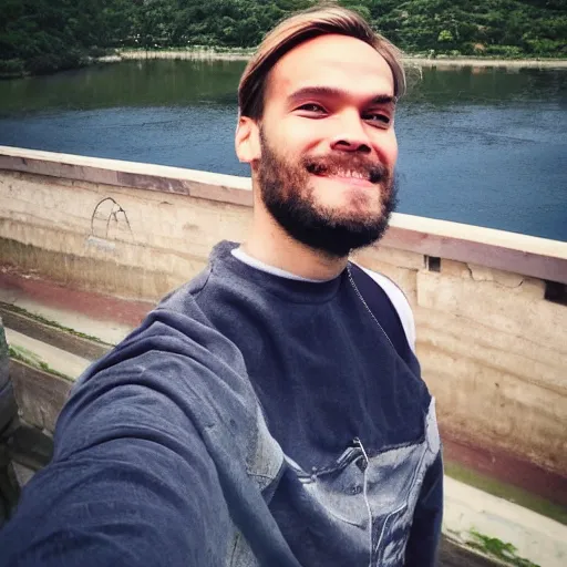 Prompt: Pewdiepie Selfie at a bridge