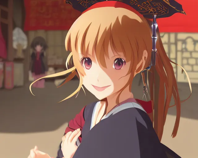 Image similar to anime visual, portrait of a young female adventurer in an open medieval market, cute face by yoh yoshinari, katsura masakazu, cinematic luts, cold studio lighting, dynamic pose, dynamic perspective, strong silhouette, anime cels, kyoto animation, cel shaded, crisp and sharp, rounded eyes, moody