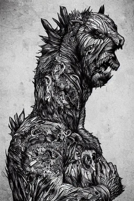 Image similar to black and white illustration, creative design, body horror, bear monster