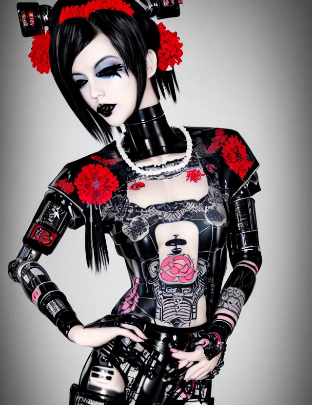 Image similar to full body portrait of a gothic style punk geisha robot with kanji tattoos and decals wearing a digital pixelated kimono, intricate design, photo - realistic, octane render, dark colour palette, ultra fine detailed, character design, trending on artstation