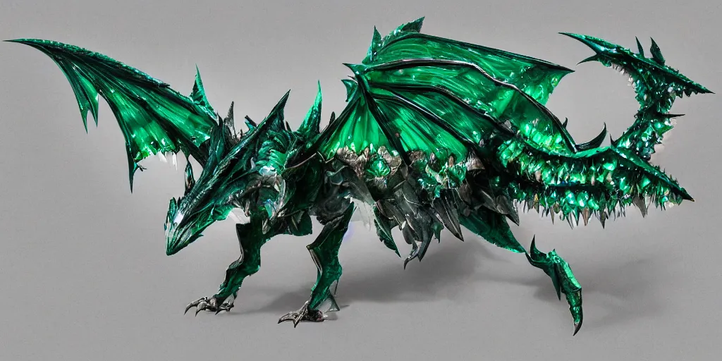 Image similar to Emerald four legged crystal bat, character design sheet, Monster Hunter Illustrations art book, big claws, sharp fangs, huge wings, long tail, iridescent scale patterns, cluster of crystals as spikes on its back, Moebius, Greg Rutkowski, Zabrocki, Karlkka, Jayison Devadas, Phuoc Quan, trending on Artstation, 8K, ultra wide angle, zenith view, pincushion lens effect.