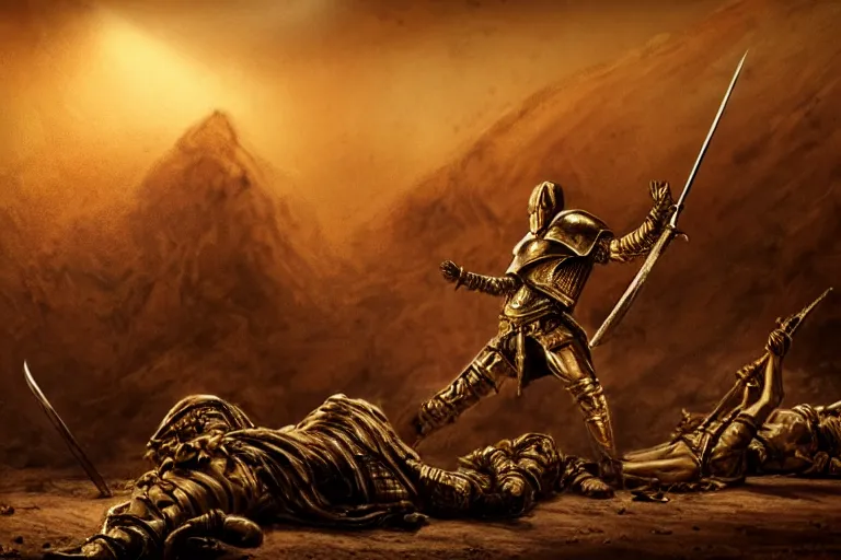 Prompt: the king in the desert dead on the ground, defeated, blood on sand, swords fallen to ground, fighting in a dark scene, gold sword, detailed scene, killed in war, blood spill, Armour and fallen Crown, highly detailed, blood and dust in the air, brutal battle, action scene, cinematic lighting, dramatic lighting, trending on artstation, elegant, intricate, character design, motion and action and tragedy, fantasy, D&D, highly detailed, digital painting, concept art