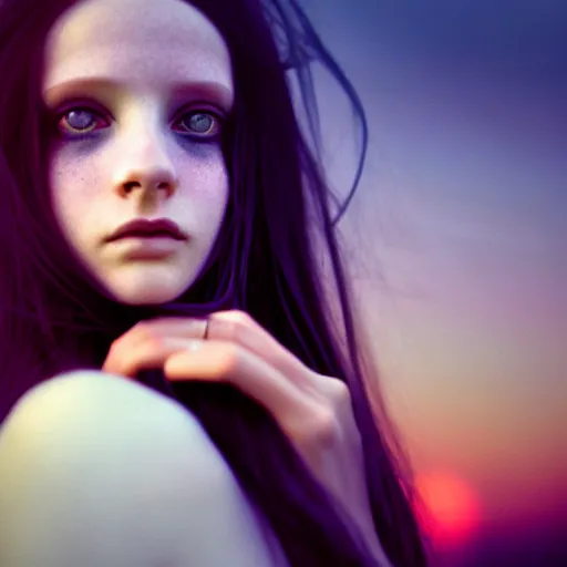 Image similar to photographic portrait of a stunningly beautiful english emo female in soft dreamy light at sunset, soft focus, contemporary fashion shoot, in a tim burton movie, by edward robert hughes, annie leibovitz and steve mccurry, david lazar, jimmy nelsson, extremely detailed, breathtaking, hyperrealistic, perfect face, octane render