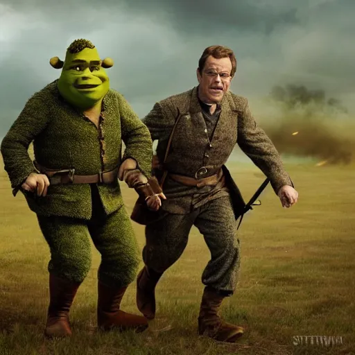 Image similar to jerry seinfeld and bryan cranston in the civil war dressed up like shrek on the battlefield, old timey combat photography combat art by stuart brown 8 k hyperrealism