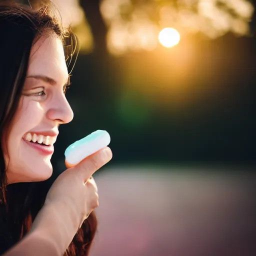 Image similar to beautiful advertising photo of a woman holding scented soap bars up to the viewer, smiling, summer outdoors photography at sunrise, bokeh, bloom effect