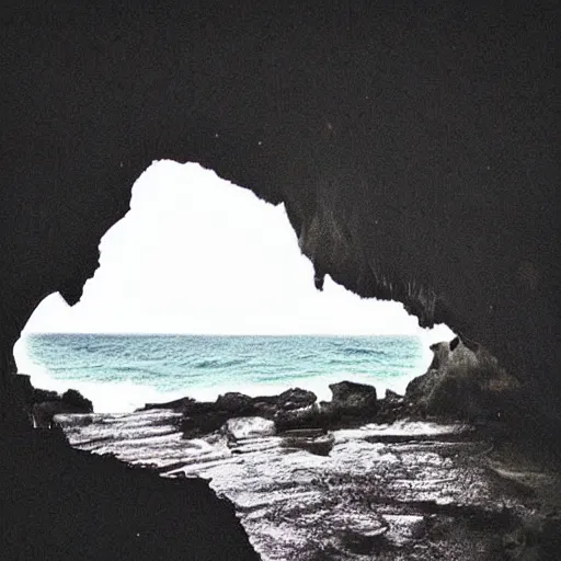 Prompt: a cave with a tsunami coming towards you, creepy, eerie, unsettling, terrifying, jagged rocks, dark, grainy, noisy, slightly blurry, polaroid, deep!!!!!, dark!!!