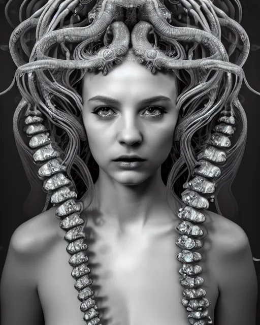 Image similar to surreal mythical dreamy underwater artistic black and white 3 d render of a translucent beautiful young female angelic - medusa - vegetal - doll, highly detailed, intricate crystal ivy jelly ornate, poetic, translucent algae ornate, digital art, octane render, 8 k artistic photography, photo - realistic, hg giger flora borsi