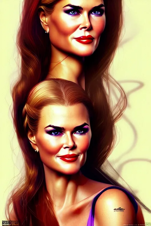 Prompt: mix of beautiful young maria shriver, mariel hemmingway, brooke shields, nicole kidman and elle macpherson as a snake girl with fangs, thin lips, hair tied up in a pony tail, dark blonde hair, colorful, artstation, cgsociety