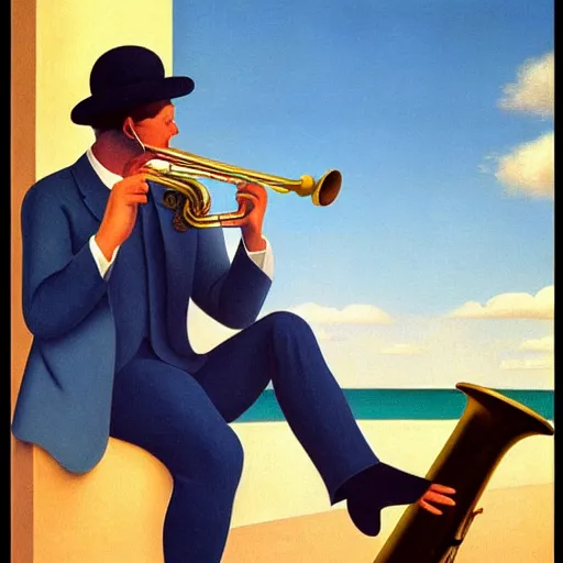 Image similar to a man playing saxophone on the beech by Raphael, Hopper, and Rene Magritte. detailed, romantic, enchanting, trending on artstation.