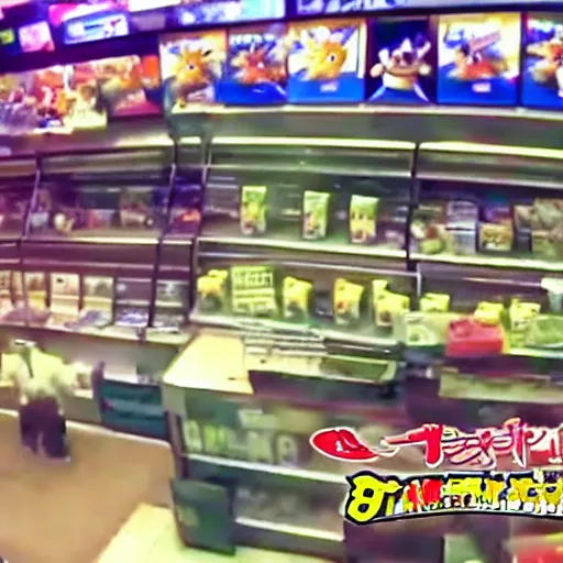 Image similar to cctv footage of a pokemon battle inside a deli, security cam footage