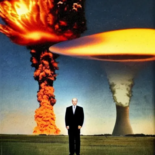 Prompt: putin standing next to nuclear explosion