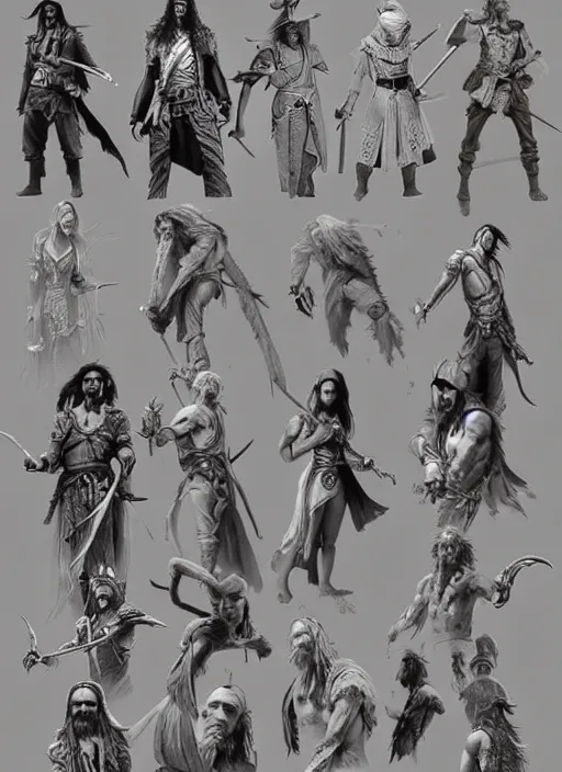 Image similar to detailed pencil spot illustrations of various character concepts from the prince of persia game and pirates of the caribbean movie, various poses, by burne hogarth, by bridgeman, by anthony ryder, by yoshitaka amano, by ruan jia, by conrad roset, by mucha, artstation, artstation.