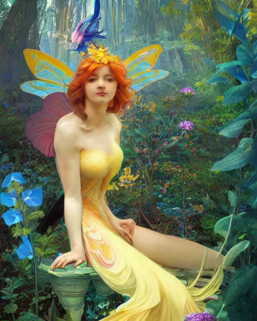 Prompt: a beautiful fairy in a morning dreamland, full body, coherent design, symmetrical, vivid color, complementary color, golden ratio, detailed, sharp lines, intricate, rainbowshift, by james gurney, by peter mohrbacher, by alphonse mucha, by maxfield parrish, by karol bak, waterhouse, octane render