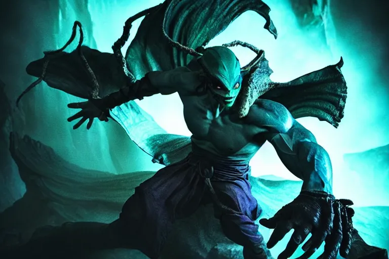 Image similar to vfx film closeup, legacy of kain soul reaver, raziel irl, hero pose, devouring magic souls, in epic ancient sacred huge cave temple, flat color profile low - key lighting award winning photography arri alexa cinematography, hyper real photorealistic cinematic beautiful, atmospheric cool colorgrade
