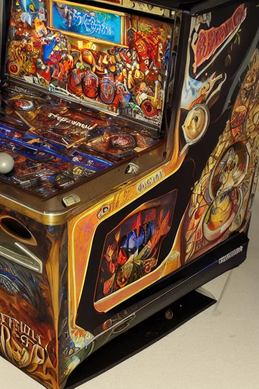 Image similar to pinball machine designed by brian froud