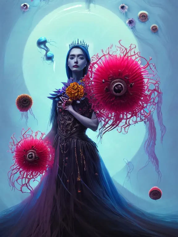 Prompt: vibrant and contrast photorealistic 3d fancy portrait of a queen of death giant floating flower and jellyfish by Greg Rutkowski, Sung Choi, Mitchell Mohrhauser, Maciej Kuciara, Johnson Ting, Maxim Verehin, Peter Konig, Bloodborne, beeple, 8k photorealistic, cinematic lighting, HD, high details, atmospheric , trending on artstation. made in Maya, Blender and Photoshop, octane render, excellent composition, cinematic dystopian brutalist atmosphere, dynamic dramatic cinematic lighting, aesthetic, very inspirational, gloomy mood. Greg Rutkowski, Ilya Kuvshinov, WLOP, Stanley Artgerm Lau, Ruan Jia and Fenghua Zhong. high contrast