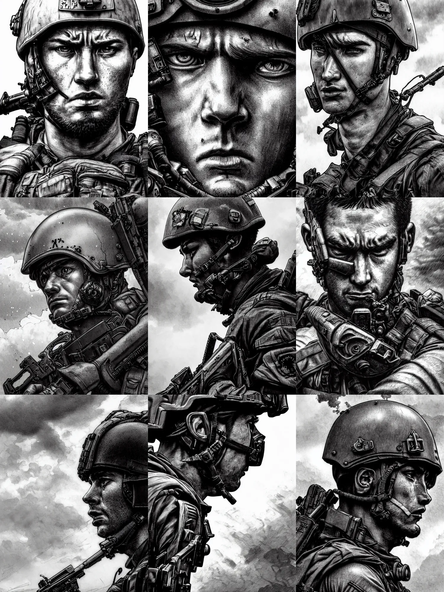 Prompt: close up picture of a soldier looking at the sky, angry, sad, rugged, tactical gear, black and white, highly detailed, detailed face, chiaroscuro, manga illustration, artgerm, greg rutkowski, alphonse mucha, takehiko inoue, kentaro miura, light novel cover art