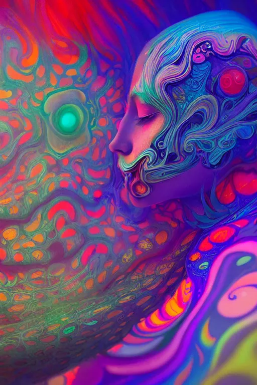 Prompt: colorful liquid smoke morphing into happy sleeping faces, extremely colorful psychedelic experience, dmt, psilocybin, lsd, intricate, elegant, highly detailed, digital painting, artstation, smooth, sharp focus, illustration, art by krenz cushart, hana yata, octane render, unreal engine, 8 k