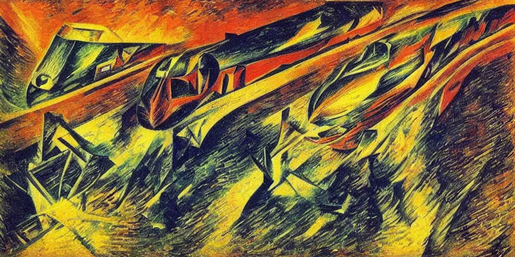 Image similar to oil painting of streamline train speeding. futurism. extreme speed with headlight shining into the fog. umberto boccioni.