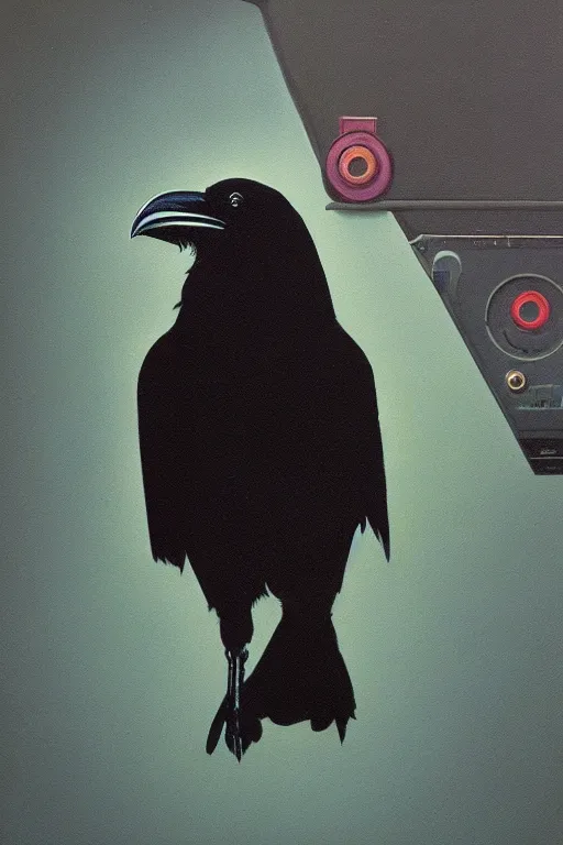 Prompt: a raven using 8 0 s era technology, vintage shapes, retro technology, pantone color, wayne barlow, oil on canvas, deep depth of field, masterpiece, cinematic composition, hyperdetailed