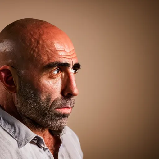 Image similar to Photo portrait Joe Rogan as a wax neanderthal cave man exaggerated brow stoic savage in the natural history museum face closeup background dramatic lighting 85mm lens by Steve McCurry